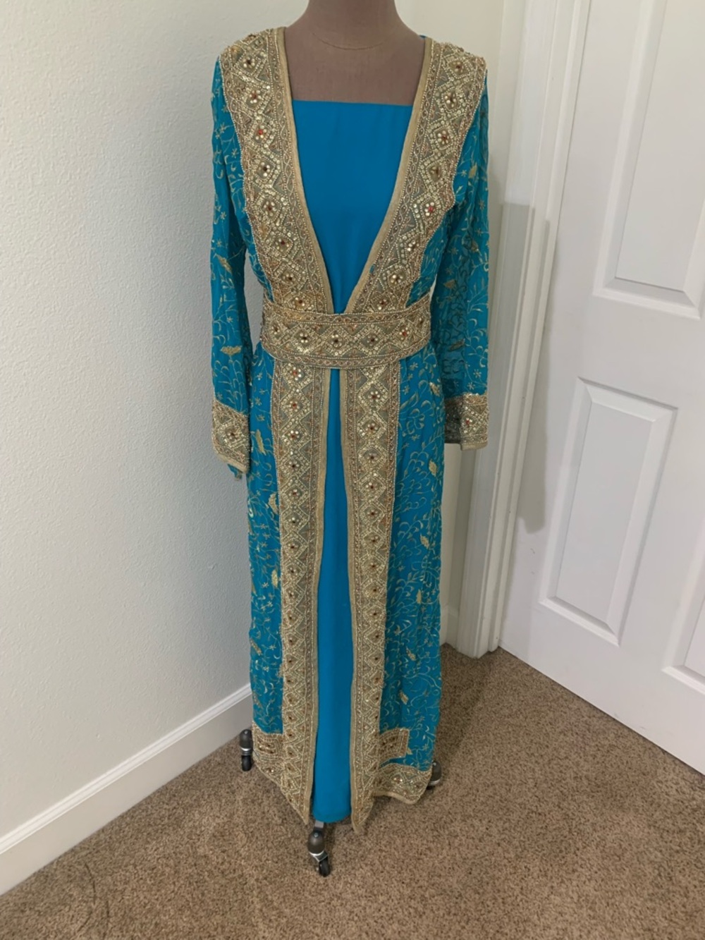 Moroccan Style Kaftan Teal Blue Embellished with Gold Trim